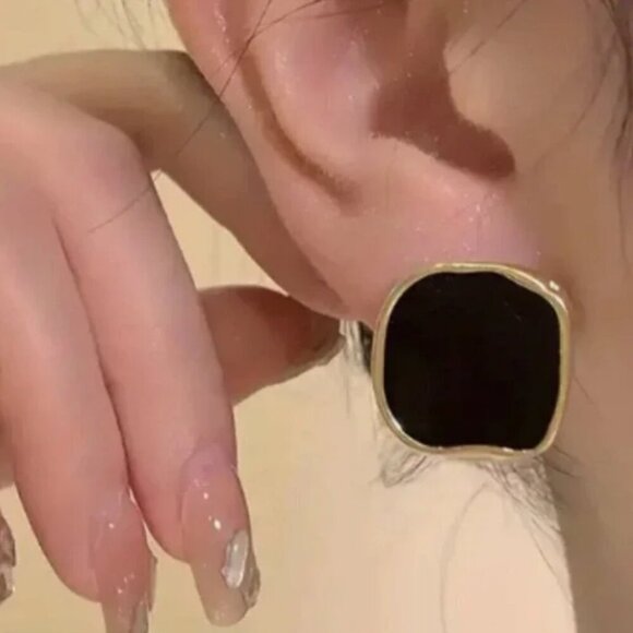 Women's Black Versatile Geometric Square Earrings with Gold Outline - Picture 6 of 8